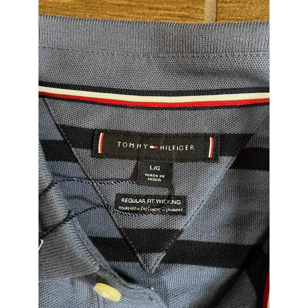 Tommy Hilfiger Mens Regular Fit Wicking Polo Shirt Blue Black Striped Large NWT - Picture 2 of 5